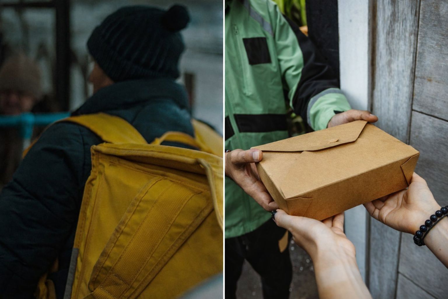 Ein Lieferfahrer mit gelbem Rucksack und die Übergabe eines Pakets.